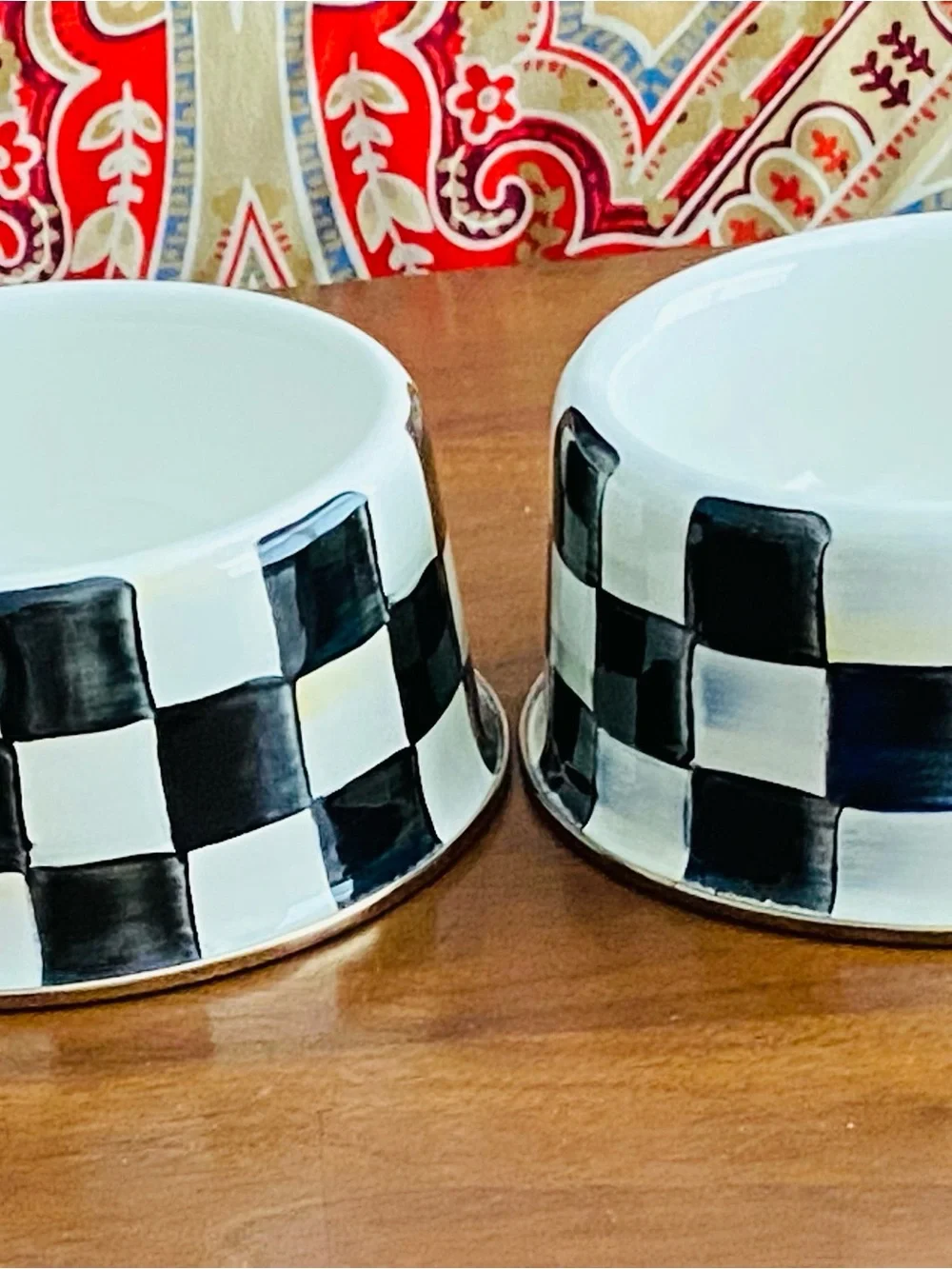 MacKenzie Childs Ceramic Black & White Checker Dog Bowl - Set of 2